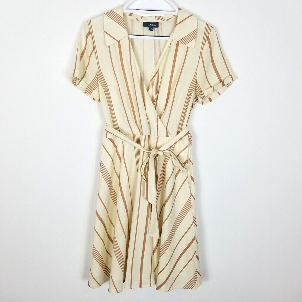 ModCloth Women's Sweet‎ Surprise Striped Faux-Wrap Dress Size 6 Ivory Pin Up